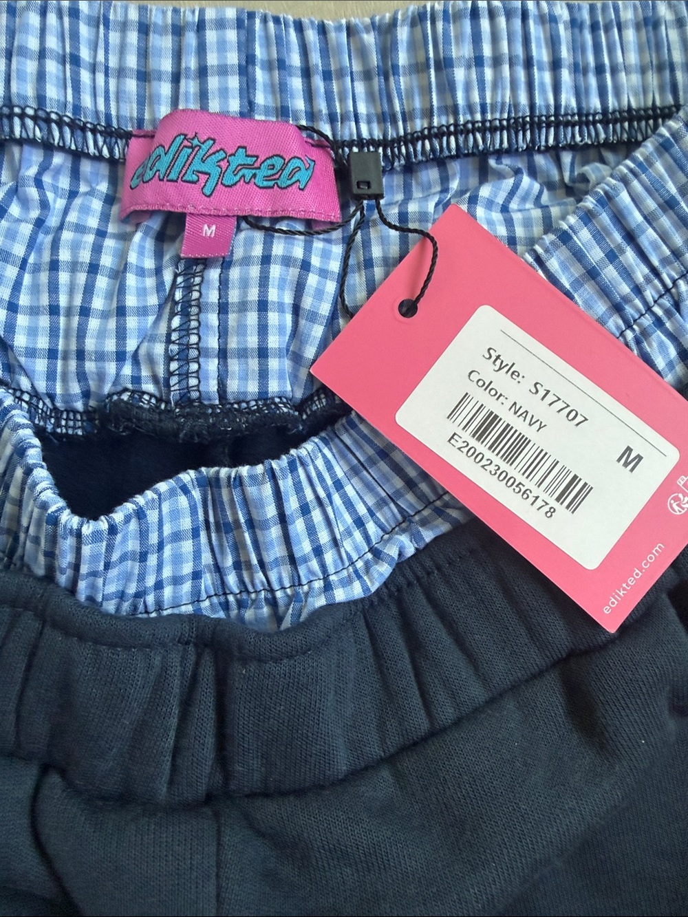 Edikted 🩵 Navy Women's Active Lounge Shorts with Plaid Boxer Detail Size Medium - Picture 2 of 6